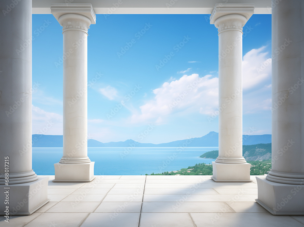 White marble antique columns with a scenic sea view in the background. Mock up for montage and products display White marble antique columns with a scenic sea view in the background. Mock up for montage and products display