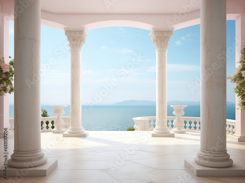 White marble antique columns with a scenic sea view in the background. Mock up for montage and products display