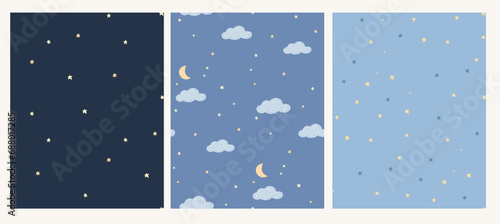 Blue sky backgrounds, stars, moon and cloud patterns, seamless texture for kids wallpaper, textile and paper design, flat vector simple graphics