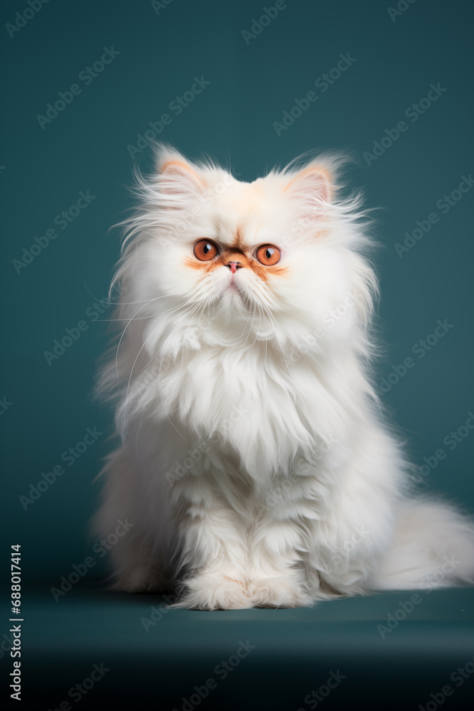 very fluffy persian cat with unusual markings of mostly white and then orange on the face