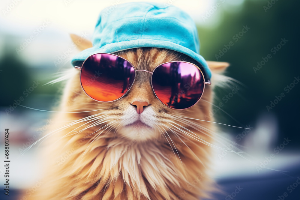 cat looking cool in sunglasses and a blue hat