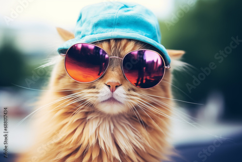cat looking cool in sunglasses and a blue hat © Jewel