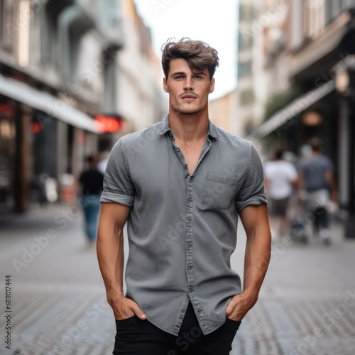 American male model wearing a gray short-sleeve denim top. European street model with masculine and muscle body