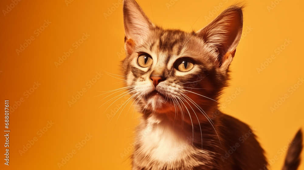 scruffy brown skinny cat on a gradient amber orange background
