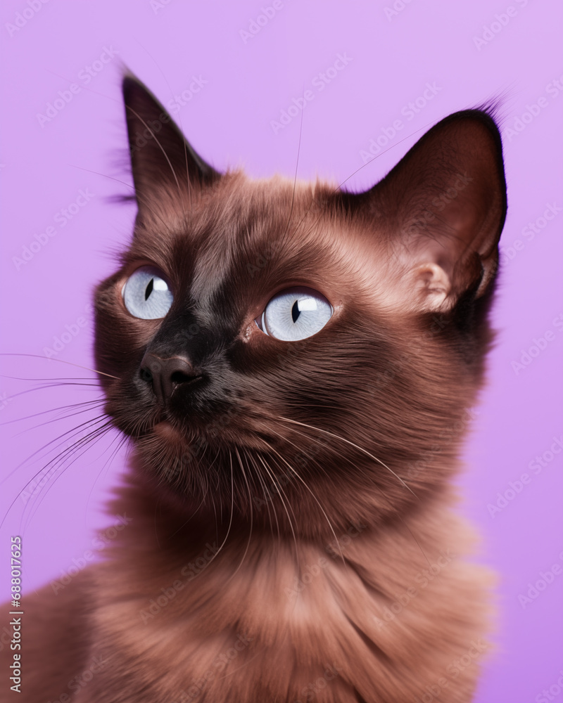 blue eyed cat with unusual coloured fur of smokey browns on purple background blue eyed cat with unusual coloured fur of smokey browns on purple background