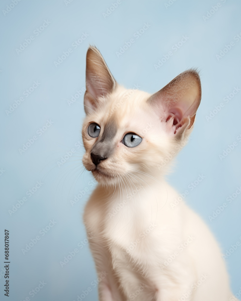 baby siamese kitten on pale blue background