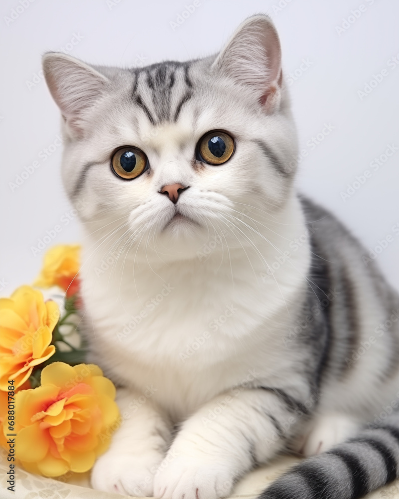 young round faced kitten sitting with yellow flowers