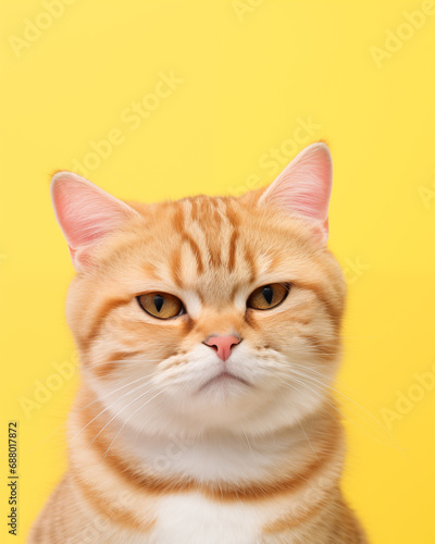 unimpressed ginger chubby cat on yellow background
