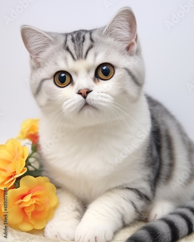 young round faced kitten sitting with yellow flowers