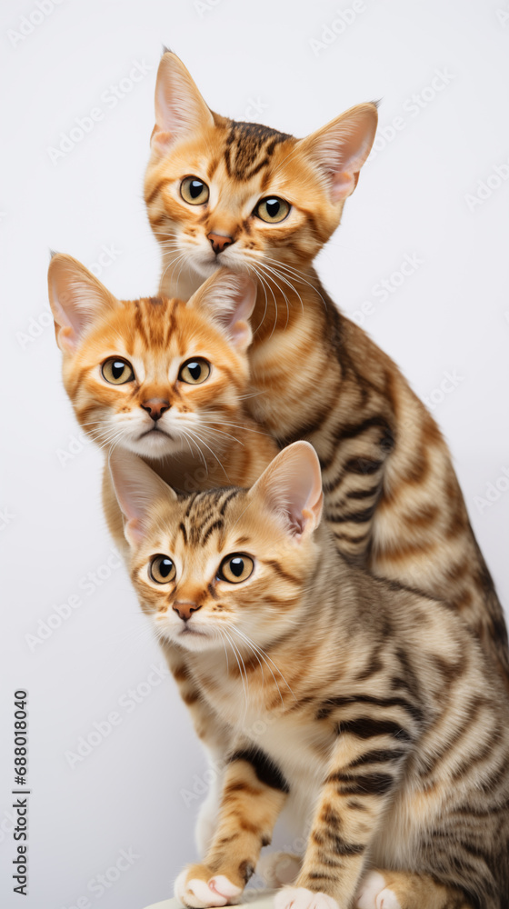 three striped kittens standing atop one another 