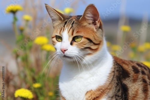 brown and white cat in a meadow, blue sky and yellow flowers