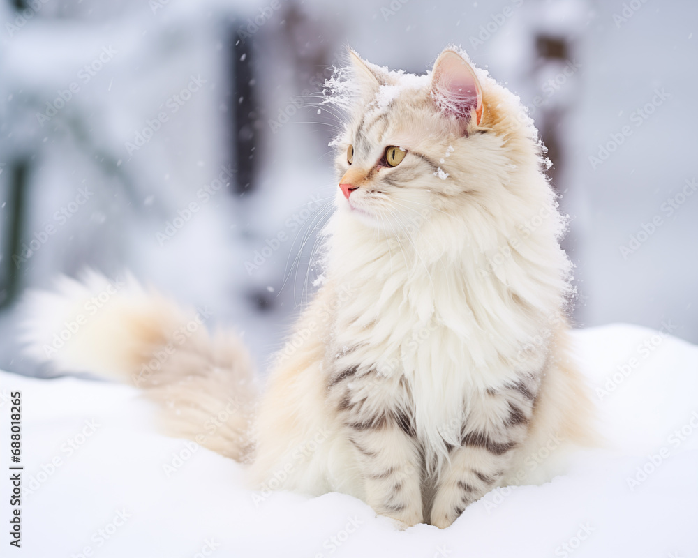 long haired cream cat sitting in the snow long haired cream cat sitting in the snow