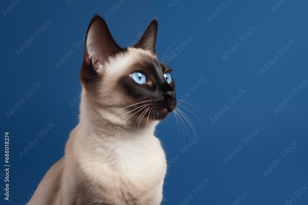 siamese cat on dark blue background, lots of empty background space