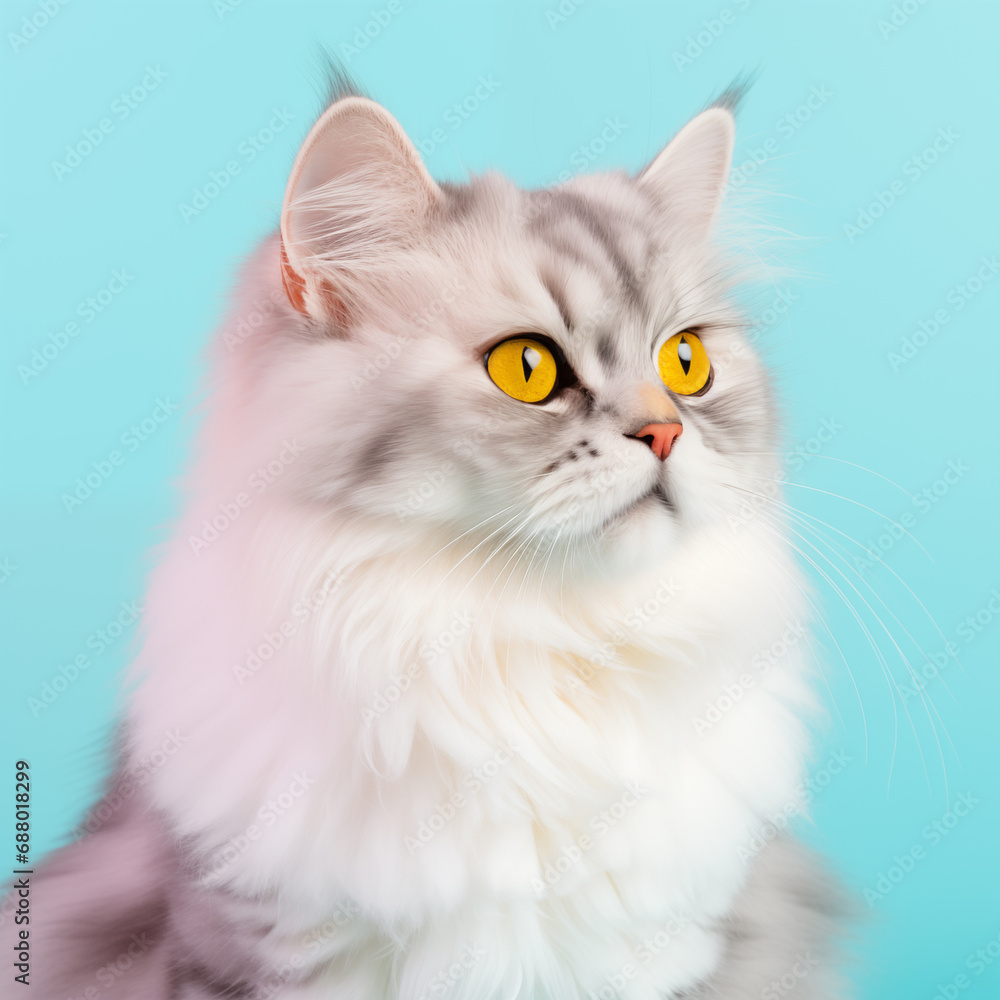 fluffy cat with amber eyes, against aqua blue background 