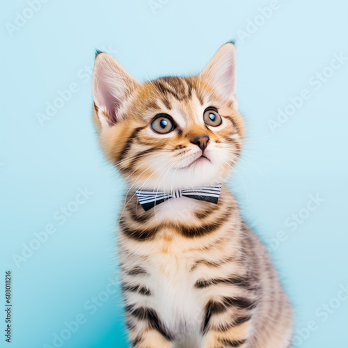 kitten wearing a bowtie on pale light blue background 