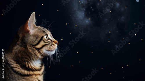tabby cat looking at dark starry night sky