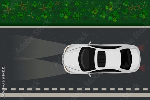 Car drive on road at night. Automobile ride on dark nighttime street. Vehicle driving on highway at dusk. Motor top view moving at evening on roadway. Stock vector illustration