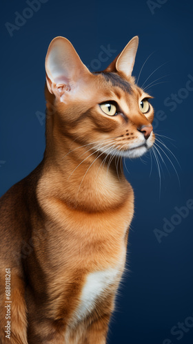 elegant slim faced cat with red orange fur on dark blue background