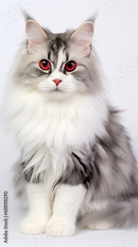 red eyed fluffy grey and white cat in sitting pose against pale gray background 