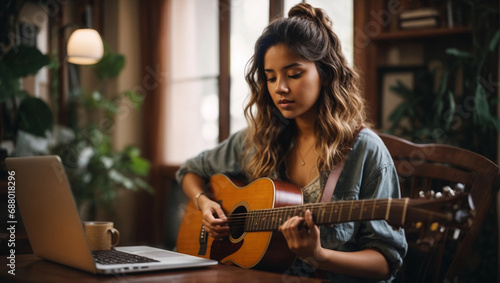 Young woman take lesson learning guitar from online course on laptop in her home photo