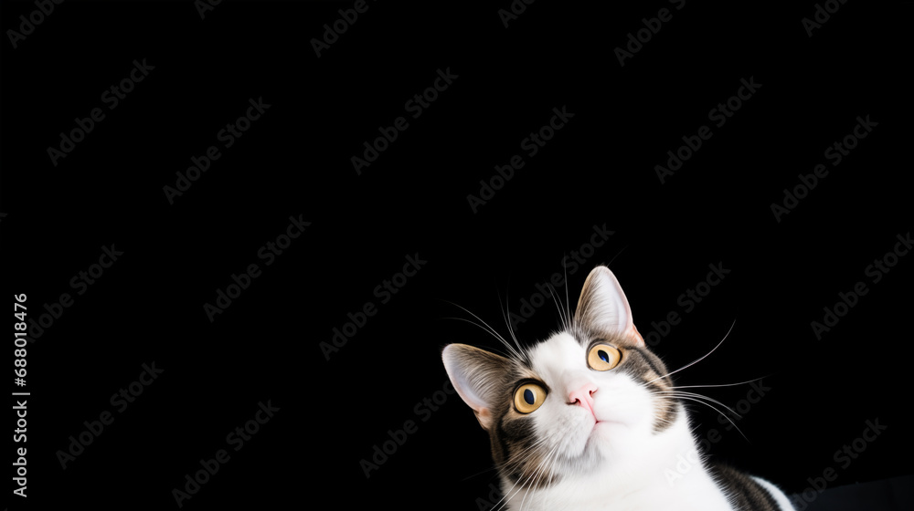 creepy looking cat with big eyes poking its head up from the bottom of the image, plain dark black background with lots of empty text space creepy looking cat with big eyes poking its head up from the bottom of the image, plain dark black background with lots of empty text space