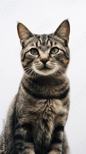 high contrast portrait of a sitting tabby cat on pale grey background, looking forwards