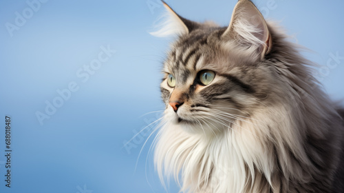 long haired cat with lots of fur around the neck, blue background