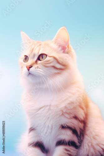 gorgeous patterned fluffy cat on soft blue background