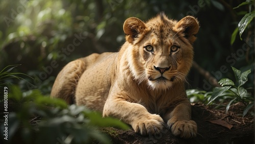 portrait of a lion cub in a jungle background photo