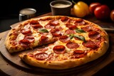 A detailed view of a delicious homemade pepperoni pizza with a thin crust and melted cheese on a wooden table