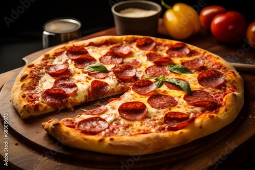 A detailed view of a delicious homemade pepperoni pizza with a thin crust and melted cheese on a wooden table