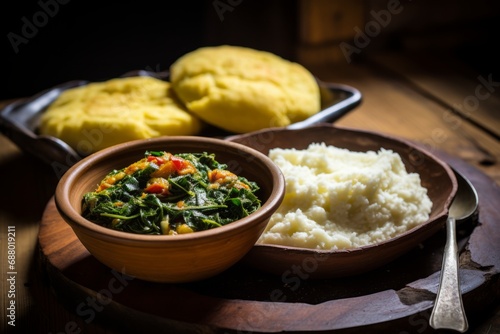 A traditional Kenyan meal featuring Ugali, a cornmeal staple, served with a hearty portion of sukuma wiki on a wooden table photo