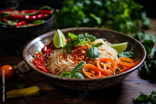 An appetizing bowl of traditional Asian vermicelli noodles, complemented with the zest of lime and kick of chili, set on a vintage wooden table