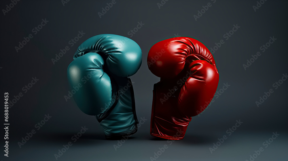 pair of boxing gloves, one red and one blue, facing each other on a solid gray background, creating a sense of competition, ai generative