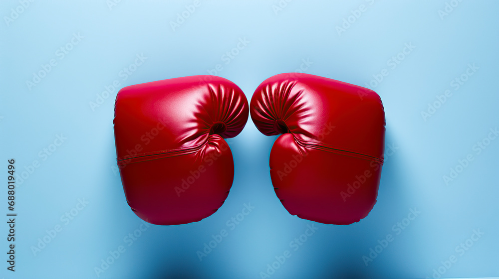 pair of red boxing gloves touching at the knuckles, set against a solid blue background, ai generative