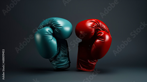 pair of boxing gloves, one red and one blue, facing each other on a solid gray background, creating a sense of competition, ai generative © larrui