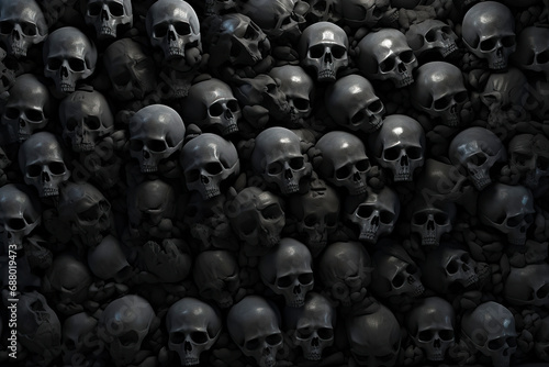 pile of skulls in various sizes and shades of gray, set against a stark black background, ai generative photo