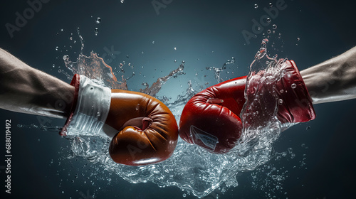 two boxing gloves colliding, causing a dramatic splash of water against a dark blue gradient background. ai generative © larrui