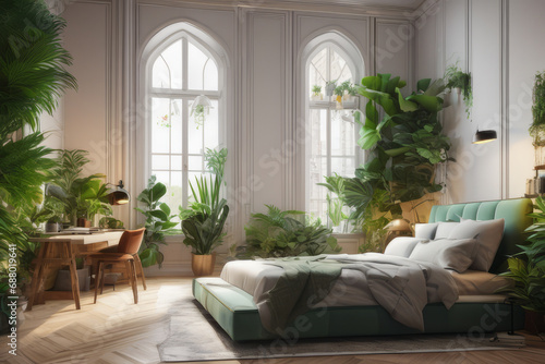 Home garden  bedroom in white and wooden tones. Close-up  bed  parquet floor and many houseplants. Urban jungle interior design. Biophilia concept.