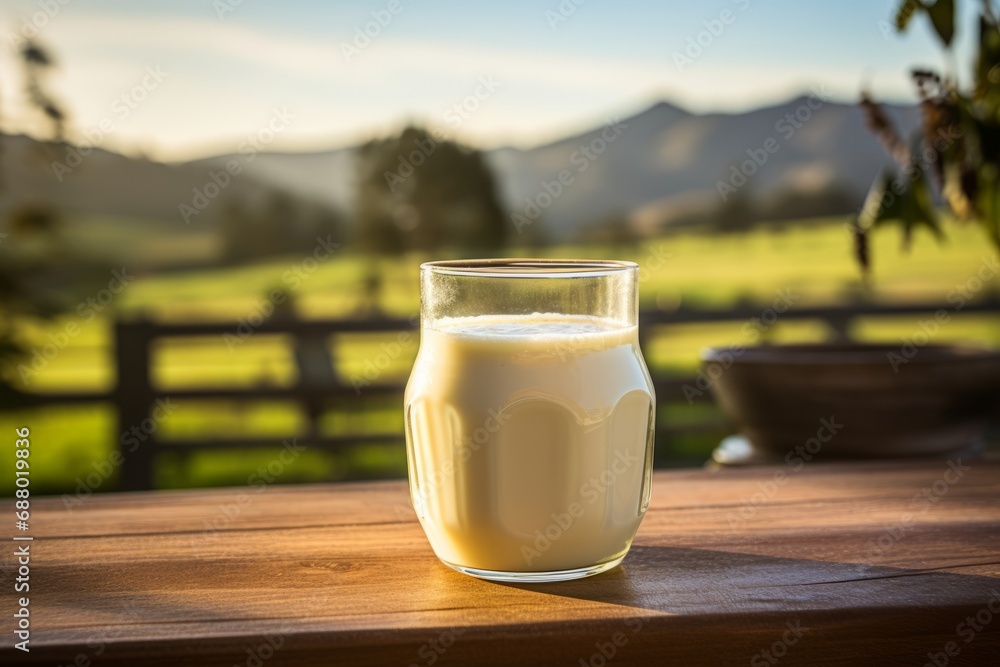 Dawn Breaks Over a Scenic Farm with a Glass Jar of Freshly Milked Horse Milk Taking Center Stage Dawn Breaks Over a Scenic Farm with a Glass Jar of Freshly Milked Horse Milk Taking Center Stage