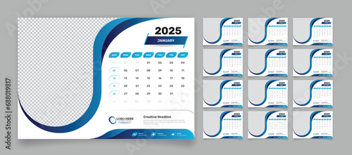 Minimalist dark blue desk schedule template set for 2025 with accurate date format and abstract shapes