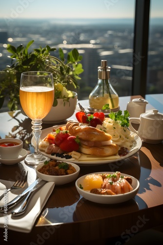 A hotel breakfast with champagne with a scenic view through the window