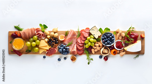 Long charcuterie board with gourmet accompaniments on a white background