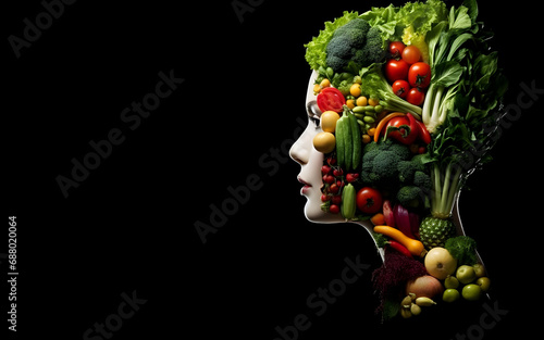 A face profile made of colorful and assorted fruits, veggies, and berries, set on a black background and with space for text