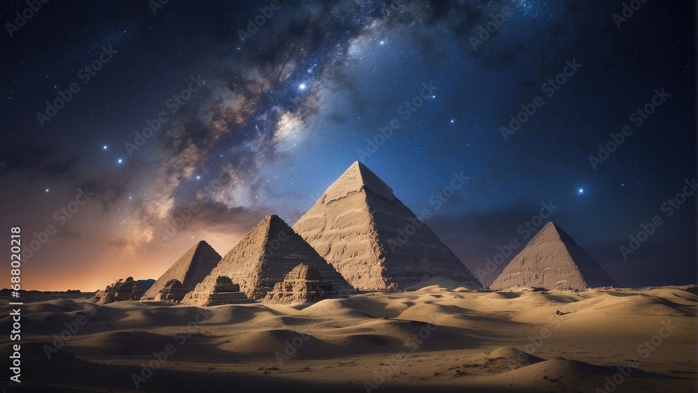 ancient Giza pyramid in the night background photo - obrazy, fototapety, plakaty 