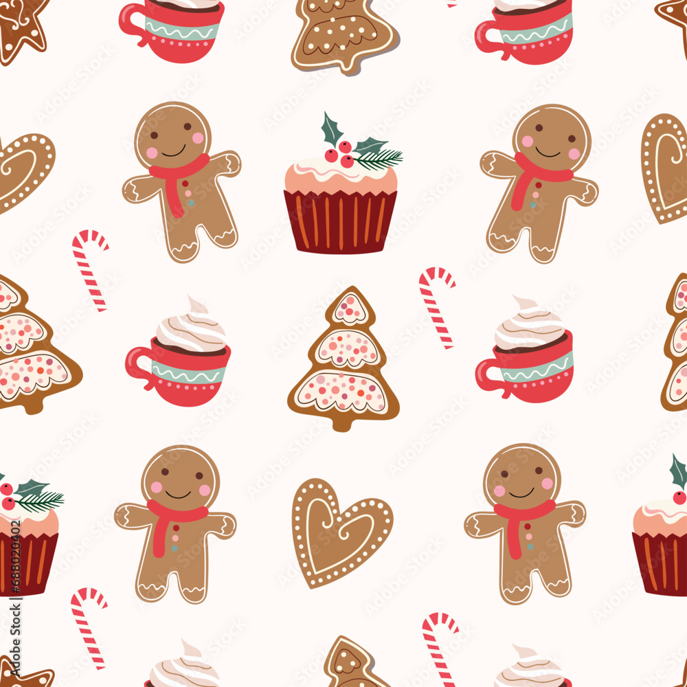Christmas seamless pattern with gingerbread and Christmas sweets, seasonal winter wallpaper, background, wrapping paper Christmas seamless pattern with gingerbread and Christmas sweets, seasonal winter wallpaper, background, wrapping paper