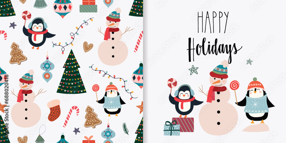 Christmas set with seamless pattern and greeting card, winter design Christmas set with seamless pattern and greeting card, winter design