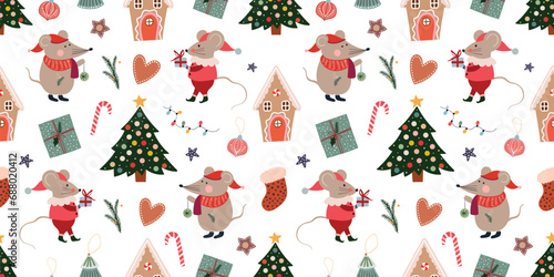 Christmas seamless pattern, wallpaper, background with little mouse and Christmas tree, winter seasonal paper gift