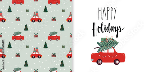 Christmas seamless pattern and greeting card, seasonal background, wallpaper with cute elements, winter decorative design