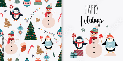 Christmas set with seamless pattern and greeting card, winter design 